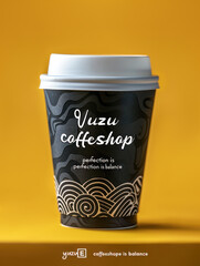 Photoshoot of a disposable coffee cup in black with minimal Japanese pattern design and lid in white on yellow background, Generative AI