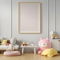 Frame mockup, frame mockup wall background for paintings and posters, children's room home interior background, 3D render