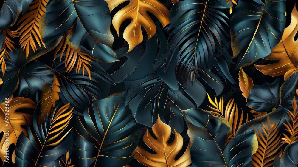 Wall mural a luxury gold wallpaper with a black and golden background, a tropical leaves wall art design with d