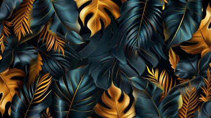 A luxury gold wallpaper with a black and golden background, a tropical leaves wall art design with dark blue and green colors, and a shiny golden light texture. Modern art mural wallpaper. Modern