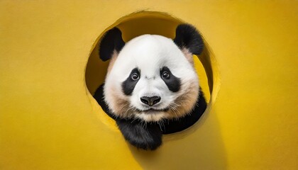 Panda peeking out of a hole in yellow wall.