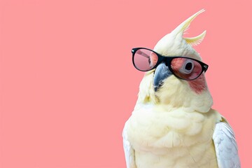 Cockatiel with round shades character on a coral pink background