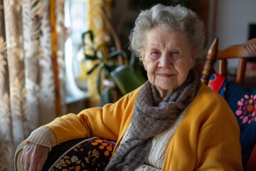 Joyful senior woman in a sunlit room looking at camera