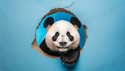 Panda peeking out of a hole in blue wall - obrazy, fototapety, plakaty