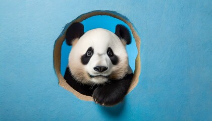 Panda peeking out of a hole in blue wall. 