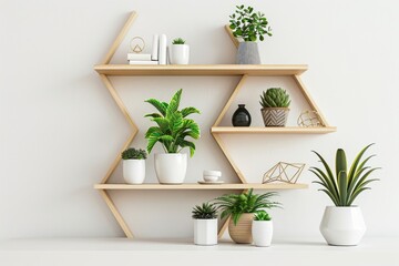 Minimalist workspace with a geometric bookshelf and potted plants.