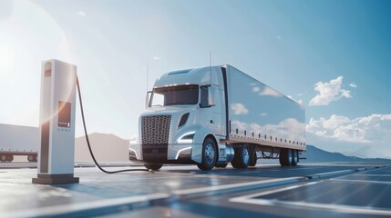 Electric semi-truck charging at a solar-powered station with mountains in the background - obrazy, fototapety, plakaty