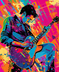 Psychedelic Rock Virtuoso: Guitarist in Dynamic Melody, Fusion of Music and Explosive Pop Art Illustration
