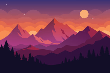 Beautiful Dusk at Mountains Scenery vector design