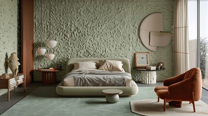 an image of a fashionable bedroom with modern furniture against a textured green wall attractive look