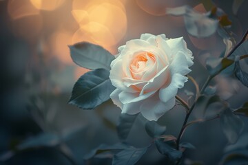   A white rose with green leaves in the foreground and a softly blurred background image