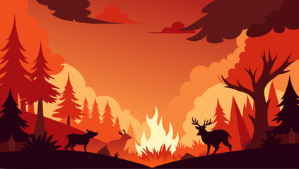 Fire disaster, illustration of fire burning trees in the forest for the campaign and public relations. - obrazy, fototapety, plakaty