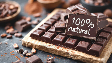 Dark chocolate bar with the inscription 100% natural.
Concept: confectionery art, organic products...