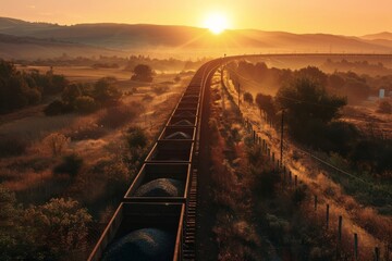Empty coal train returning to mines at sunrise on a curved track