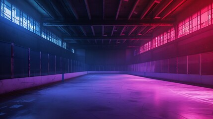 a visually stunning representation of an abandoned ice hockey arena with vibrant lighting...