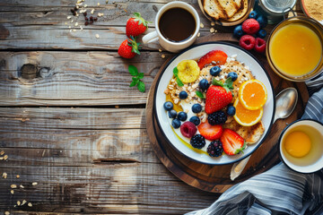 Vegetarian breakfast on a wooden table. Muesli, berries and coffee. Vegan/vegetarian food. Closeup...