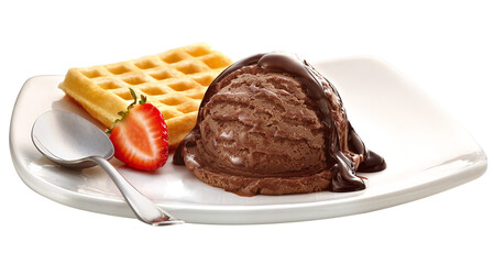 prato com Waffle acompanhado de bolo de sorvete de chocolate e fatia de morango isolado em fundo transparente