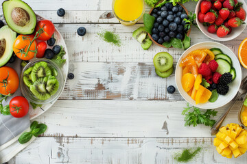 Vegetarian breakfast on a wooden table. Berries, fruits and vegetables. Clean healthy detox eating. Vegan/vegetarian food. - obrazy, fototapety, plakaty