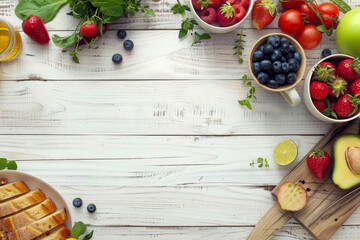 Fruits, vegetables and berries on a white wooden table. Clean healthy detox eating. Vegan/vegetarian food. Closeup shot, top view. 