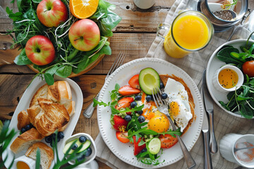 Different kinds of food are arranged on a table, closeup shot, top view. 