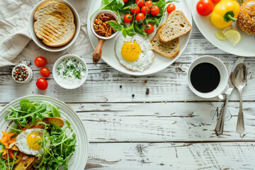Fried eggs with fresh vegetables and toasts. White wooden table, closeup shot, top view. 