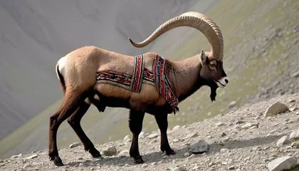 Abwaschbare Fototapete An-Ibex-With-Its-Horns-Adorned-With-Decorative-Ban- © hAFSA