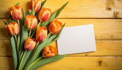 Beautiful bouquet of orange tulips and blank card on yellow wooden background