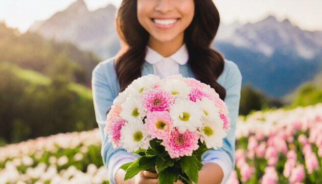 Cropped photo of charming happy young woman smile give you receive flowers