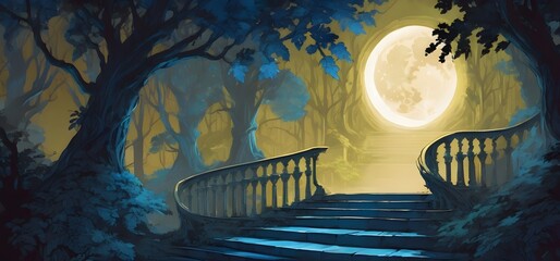 A night scene in a fairy forest with a staircase illuminated by the moon