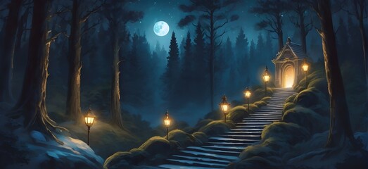 A night scene of a fabulous forest with a staircase illuminated by lanterns that leads to a mysterious door