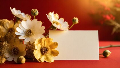 Composition with blank card and delicate flowers on red background 