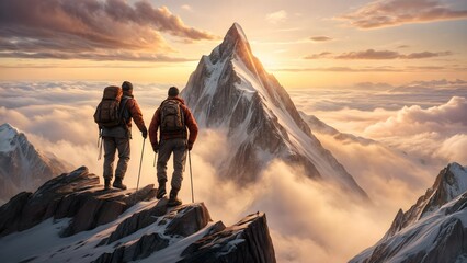 Two climbers standing at the summit of a mountain, gazing at the next mountain they will climb - obrazy, fototapety, plakaty