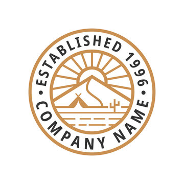 Mountain camp desert with sun minimal line circle adventure logo