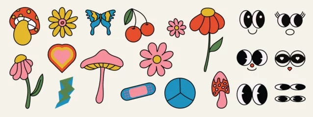 Tapeten Set of 70s groovy comic vector. Collection of cartoon character faces  in different and mushroom, cherry, flower, butterfly. Cute retro groovy hippie illustration for decorative, sticker. © TWINS DESIGN STUDIO