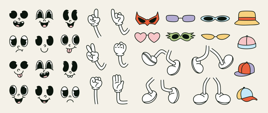 Set of 70s groovy comic vector. Collection of cartoon character faces in different emotions, hand, glove, glasses, hat, shoes. Cute retro groovy hippie illustration for decorative, sticker.