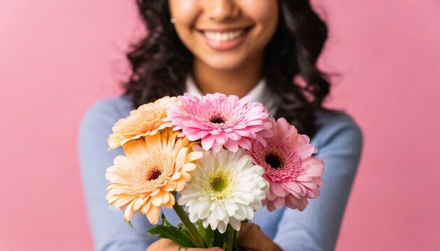 Cropped photo of charming happy young woman smile give you receive flowers isolated on pink background 