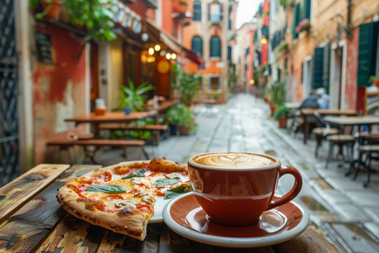 Cup of coffee and slices of pizza on wooden table at outdoor cafe with view on street in old town. Tourist has breakfast in beautiful place while traveling