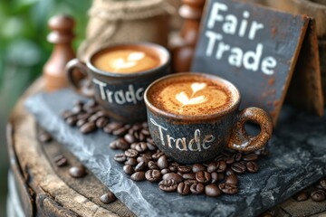 mugs with coffee and fresh coffee beans, on a warm background with burlap fabric. "Fair Trade" signs.
Concept: cafes and coffee shops, organic and certified drink.