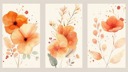 Watercolor art triptych wall decor. Orange and pink floral bouquets, wildflowers and leaves hand painted design. Perfect as wall decor, posters, or wallpaper.
