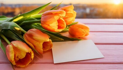 Beautiful bouquet of orange tulips and blank card on pink wooden background