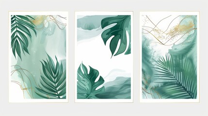 Modern design of tropical botanical triptych wall art. Abstract art background with palm leaves and Monstera leaves.