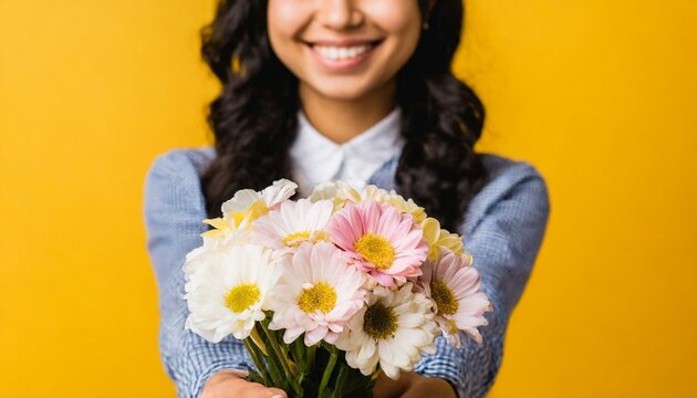 Cropped photo of charming happy young woman smile give you receive flowers isolated on yellow background 