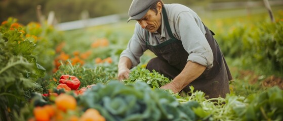 a man on a farm picking vegetables