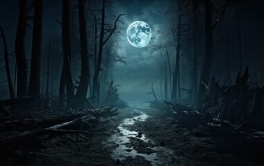 Pathway under a haunting moon in a dead forest