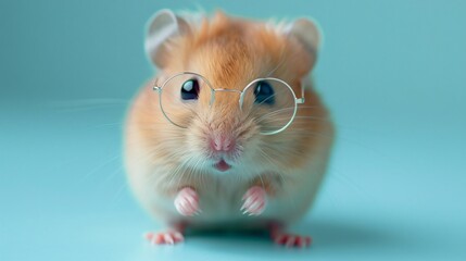 Hamster in tiny glasses cuteness over a pale turquoise backdrop