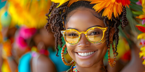 Portrait of a young african american woman wearing sunglasses and smiling. Festival fashion