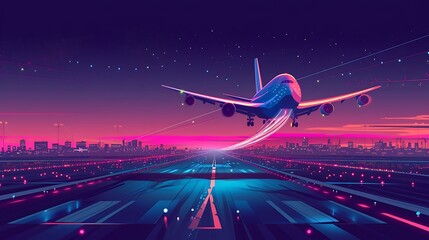 a vivid AI illustration of a commercial jet soaring gracefully above a bustling airport runway, capturing the energy and movement of takeoff attractive look - obrazy, fototapety, plakaty