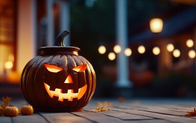 Jack-o'-lantern in a festive Halloween night setting