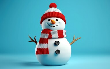 Snowman wearing striped scarf on blue backdrop