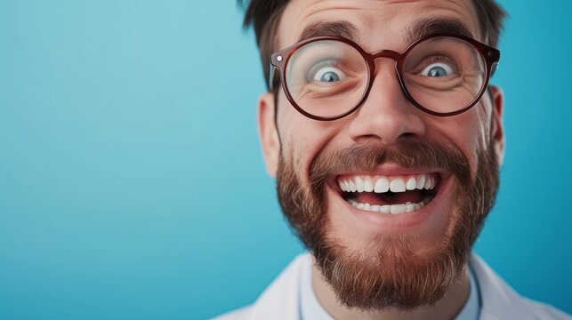 A man with glasses and a beard is smiling, AI